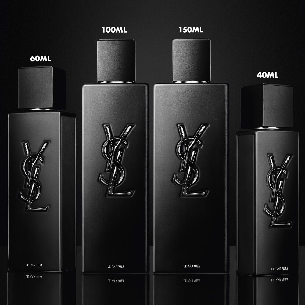 Four MYSLF Le Parfum bottles in 60ml, 100ml, 150ml and 40ml sizes standing with black background.