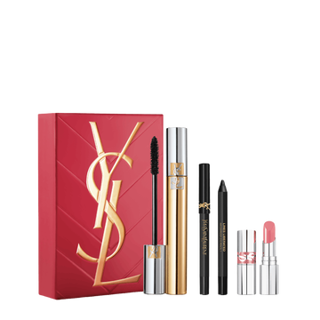 YSL Mascara Volume Effet Faux Cils Spring Set with gift box, mascara, mini Lines Liberated and mini Loveshine shade 44 on a white background.