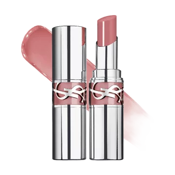 SL Loveshine Candy Glaze in shade 44 Nude Lavalliere, with an open  and closed silver tube, and a swatch of the nude pink glaze.