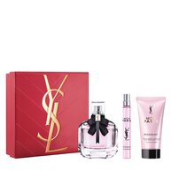 YSL Mon Paris Routine Spring Set with pink gift box, Mon Paris Eau de Parfum 90 ml, Mon Paris Eau de Parfum 10 ml and Mon Paris body lotion 50 ml on a white background.