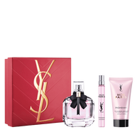 YSL Mon Paris Routine Spring Set with pink gift box, Mon Paris Eau de Parfum 90 ml, Mon Paris Eau de Parfum 10 ml and Mon Paris body lotion 50 ml on a white background.