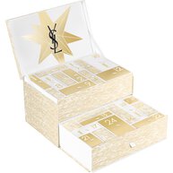 Holiday Advent Calendar in gold and white, open to reveal numbered compartments with a star design and YSL Beauty logo on it.