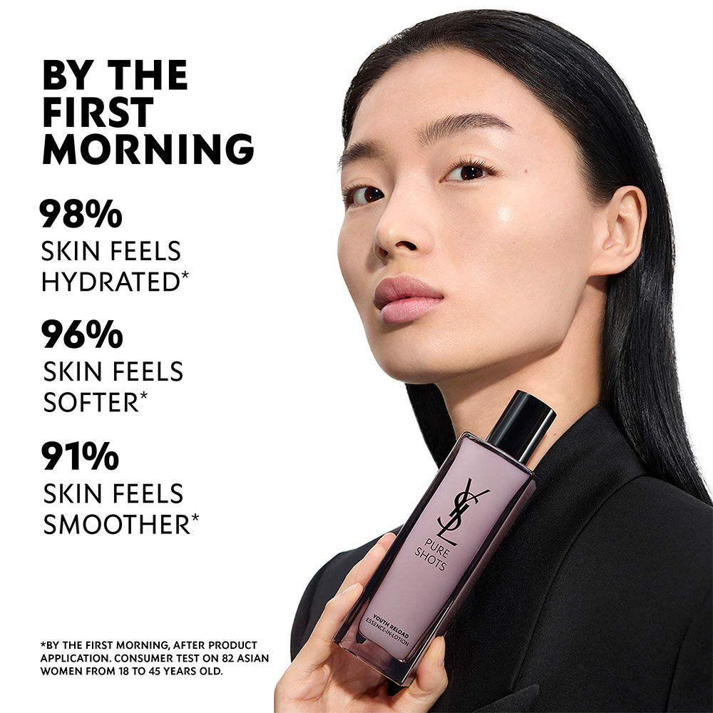 Wen, YSL Beauty model, with light skin, holding Pure Shots Youth Reload Essence-in-Lotion, highlighting hydration claims.