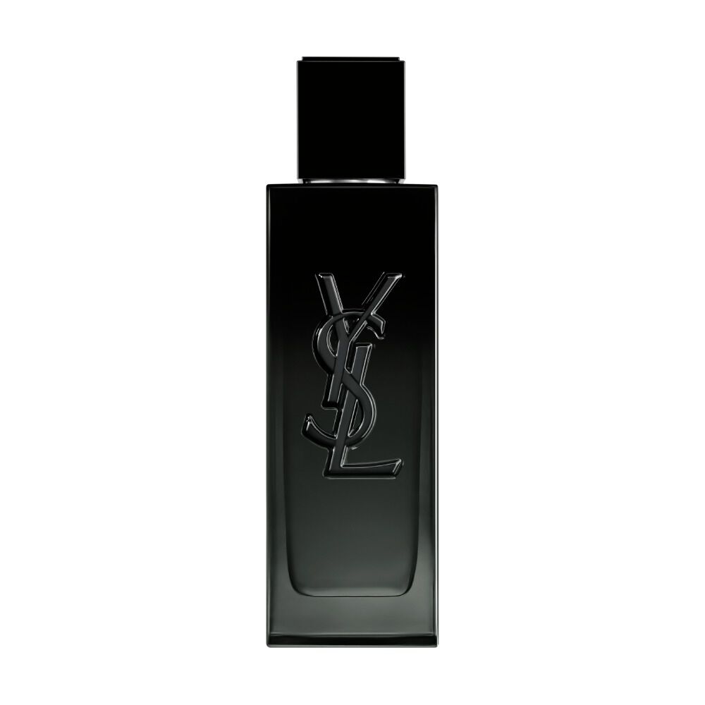 A front-facing studio photograph of the sleek, black glass MYSLF Eau de Parfum bottle.