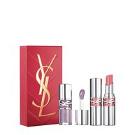 YSL Lip Duo Spring Set with gift box, Loveshine gloss shade 01 and Loveshine lipstick shade 44 on a white background.
