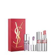 YSL Lip Duo Spring Set with gift box, Loveshine gloss shade 01 and Loveshine lipstick shade 44 on a white background.