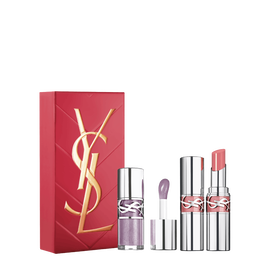 YSL Lip Duo Spring Set with gift box, Loveshine gloss shade 01 and Loveshine lipstick shade 44 on a white background.