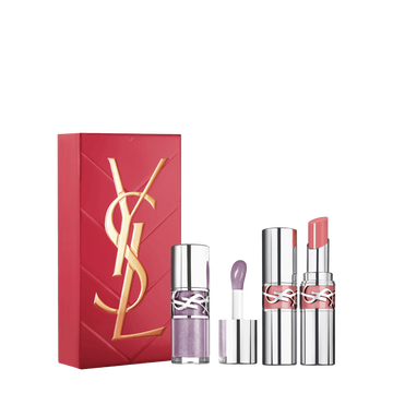 YSL Lip Duo Spring Set with gift box, Loveshine gloss shade 01 and Loveshine lipstick shade 44 on a white background.
