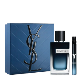 YSL Y Father's Day gift set: blue box, Y Eau de Parfum 100ml and 10ml bottles, fresh and bold fragrance.