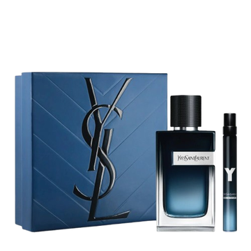 YSL Y Father's Day gift set: blue box, Y Eau de Parfum 100ml and 10ml bottles, fresh and bold fragrance.