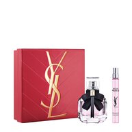 YSL Mon Paris Eau de Parfum Duo Spring Set with gift box, Mon Paris Eau de Parfum 30 ml and 10 ml travel spray on a white background.