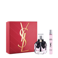 YSL Mon Paris Eau de Parfum Duo Spring Set with gift box, Mon Paris Eau de Parfum 30 ml and 10 ml travel spray on a white background.
