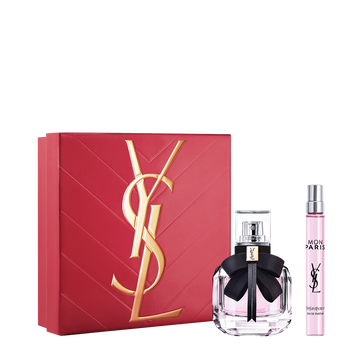 YSL Mon Paris Eau de Parfum Duo Spring Set with gift box, Mon Paris Eau de Parfum 30 ml and 10 ml travel spray on a white background.