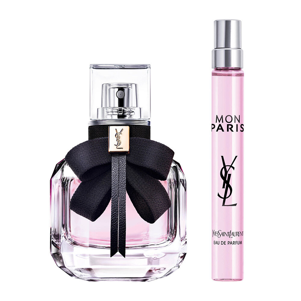 Mon Paris Eau de Parfum 30 ml bottle beside a 10 ml travel spray on a white background.
