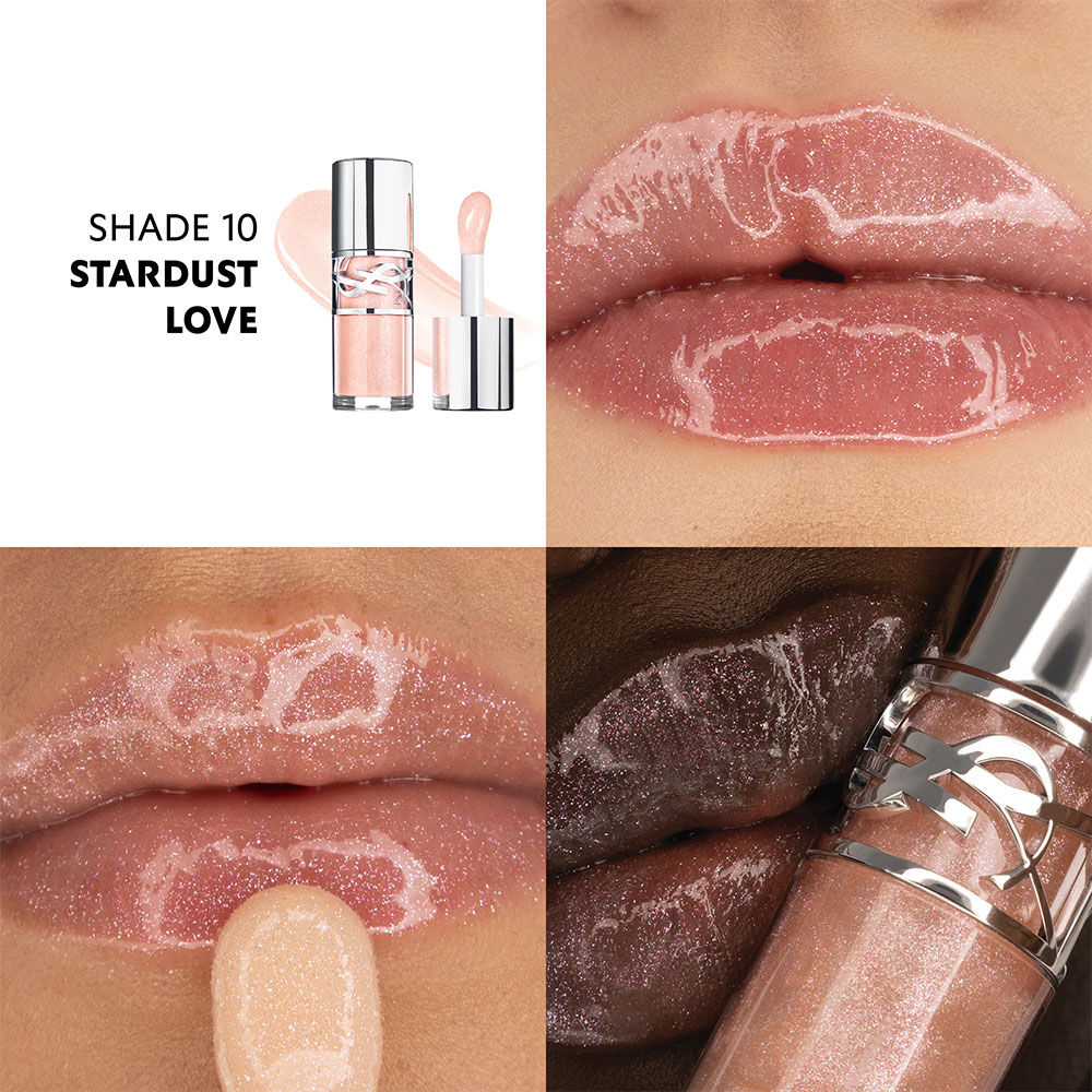 YSL LOVESHINE Plumping Lip Oil Gloss, Shade 10 Stardust Love, close- up on diverse lips, highlighting shimmer.