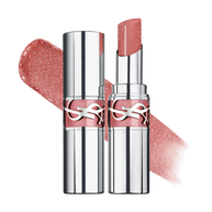 YSL LOVESHINE Lipstick in shade 10 Stardust Love, shown opened and closed with a shimmery pink texture swatch.