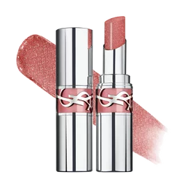 YSL LOVESHINE Lipstick in shade 10 Stardust Love, shown opened and closed with a shimmery pink texture swatch.