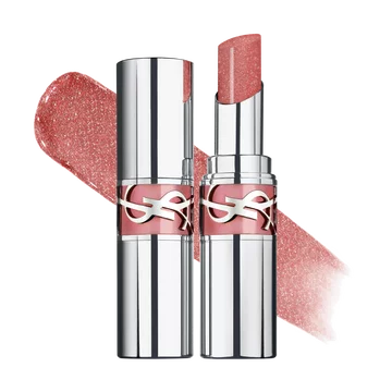 YSL LOVESHINE Lipstick in shade 10 Stardust Love, shown opened and closed with a shimmery pink texture swatch.