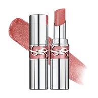 YSL LOVESHINE Lipstick in shade 10 Stardust Love, shown opened and closed with a shimmery pink texture swatch.