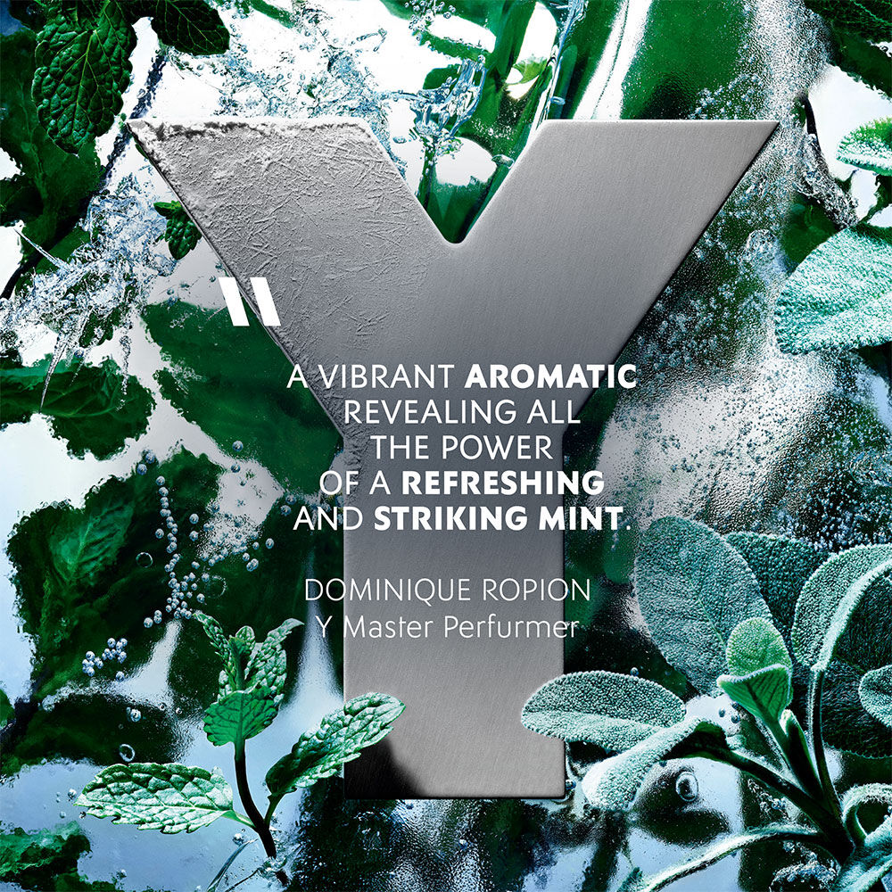 The YSL 'Y' logo, frosted with ice, surrounded by fresh mint and sage leaves.