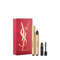 YSL Touche Eclat Spring Set with gift box, Touche Eclat Stylo shade 02 and mini Lash Clash mascara on a white background.