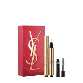 YSL Touche Eclat Spring Set with gift box, Touche Eclat Stylo shade 02 and mini Lash Clash mascara on a white background.