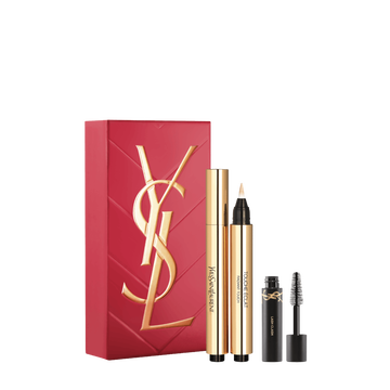 YSL Touche Eclat Spring Set with gift box, Touche Eclat Stylo shade 02 and mini Lash Clash mascara on a white background.