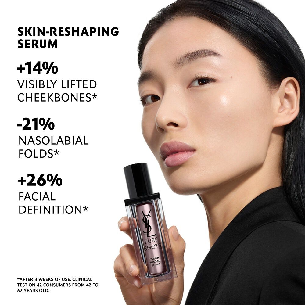 Wen, YSL Beauty model, holding Pure Shots Youth Reload Cream, highlighting skin-reshaping claims.