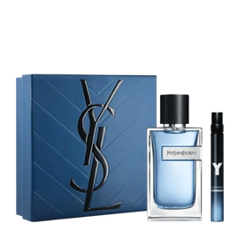 YSL Y Eau de Toilette Duo Spring Set with blue gift box, Y Eau de Toilette 100 ml bottle and 10 ml travel spray on a white background.