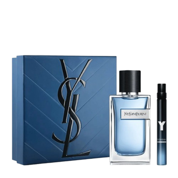 YSL Y Eau de Toilette Duo Spring Set with blue gift box, Y Eau de Toilette 100 ml bottle and 10 ml travel spray on a white background.