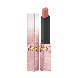 Rouge Pur Couture The Slim Collector lipstick in shade 1988, with a sparkling pink and silver case, shown open and closed.