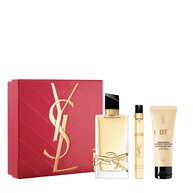 YSL Mother's Day giftset : LIBRE EDP 90ml, 10ml, and 50ml body cream, close-up with a pink gift set and a gold cassandre on it.