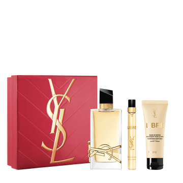 YSL Mother's Day giftset : LIBRE EDP 90ml, 10ml, and 50ml body cream, close-up with a pink gift set and a gold cassandre on it.