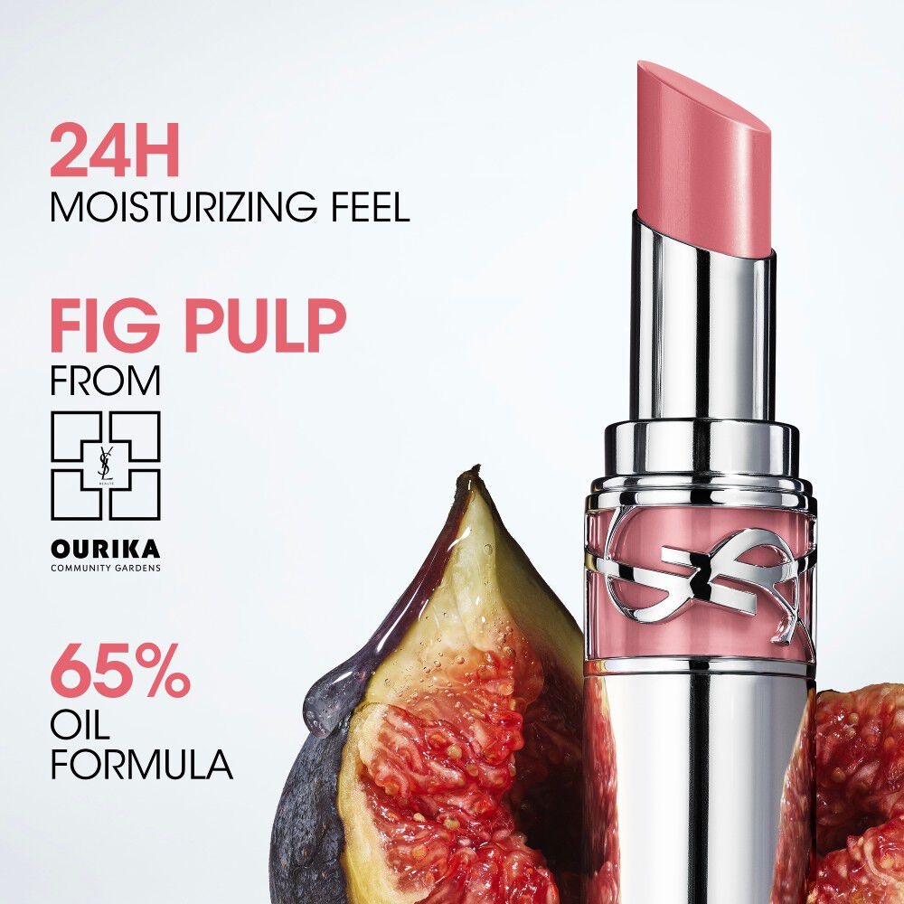 YSL Loveshine lipstick packshot with fig fruit, highlighting 24H moisturizing feel and 65% oil formula.