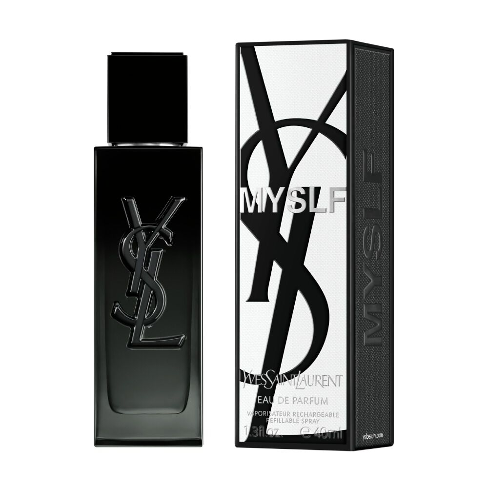 The MYSLF Eau de Parfum bottle standing next to its black outer packaging featuring a large embossed YSL logo.