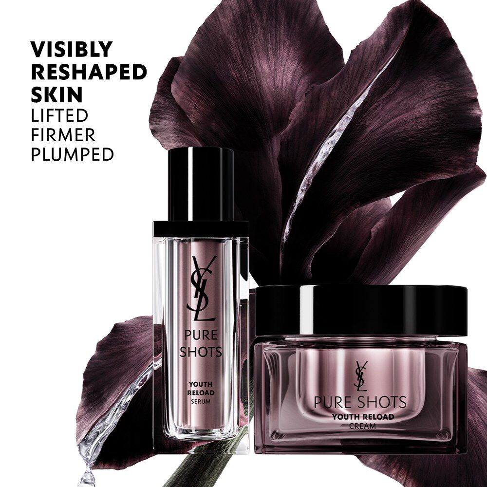 YSL Beauty Pure Shots Youth Reload Essence-in-Lotion, Serum, Cream with iris flower, highlighting skin reshaping.