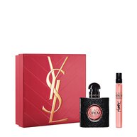 YSL Black Opium Eau de Parfum Duo Spring Set with gift box, Black Opium Eau de Parfum 30 ml and 10 ml travel spray on a white background.