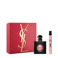 YSL Black Opium Eau de Parfum Duo Spring Set with gift box, Black Opium Eau de Parfum 30 ml and 10 ml travel spray on a white background.