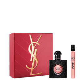 YSL Black Opium Eau de Parfum Duo Spring Set with gift box, Black Opium Eau de Parfum 30 ml and 10 ml travel spray on a white background.