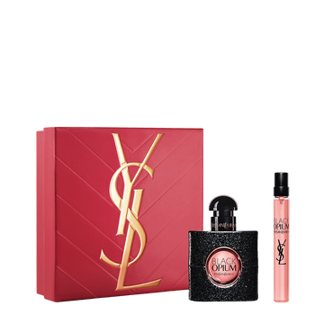 YSL Black Opium Eau de Parfum Duo Spring Set with gift box, Black Opium Eau de Parfum 30 ml and 10 ml travel spray on a white background.