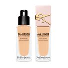 YSL All Hours Glow Foundation, two bottles showcasing natural radiance and skin-like finish, one with a pump, the other with a pink cap.
