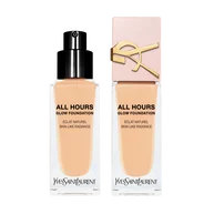 YSL All Hours Glow Foundation, two bottles showcasing natural radiance and skin-like finish, one with a pump, the other with a pink cap.