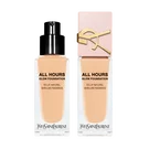 YSL All Hours Glow Foundation, two bottles showcasing natural radiance and skin-like finish, one with a pump, the other with a pink cap.