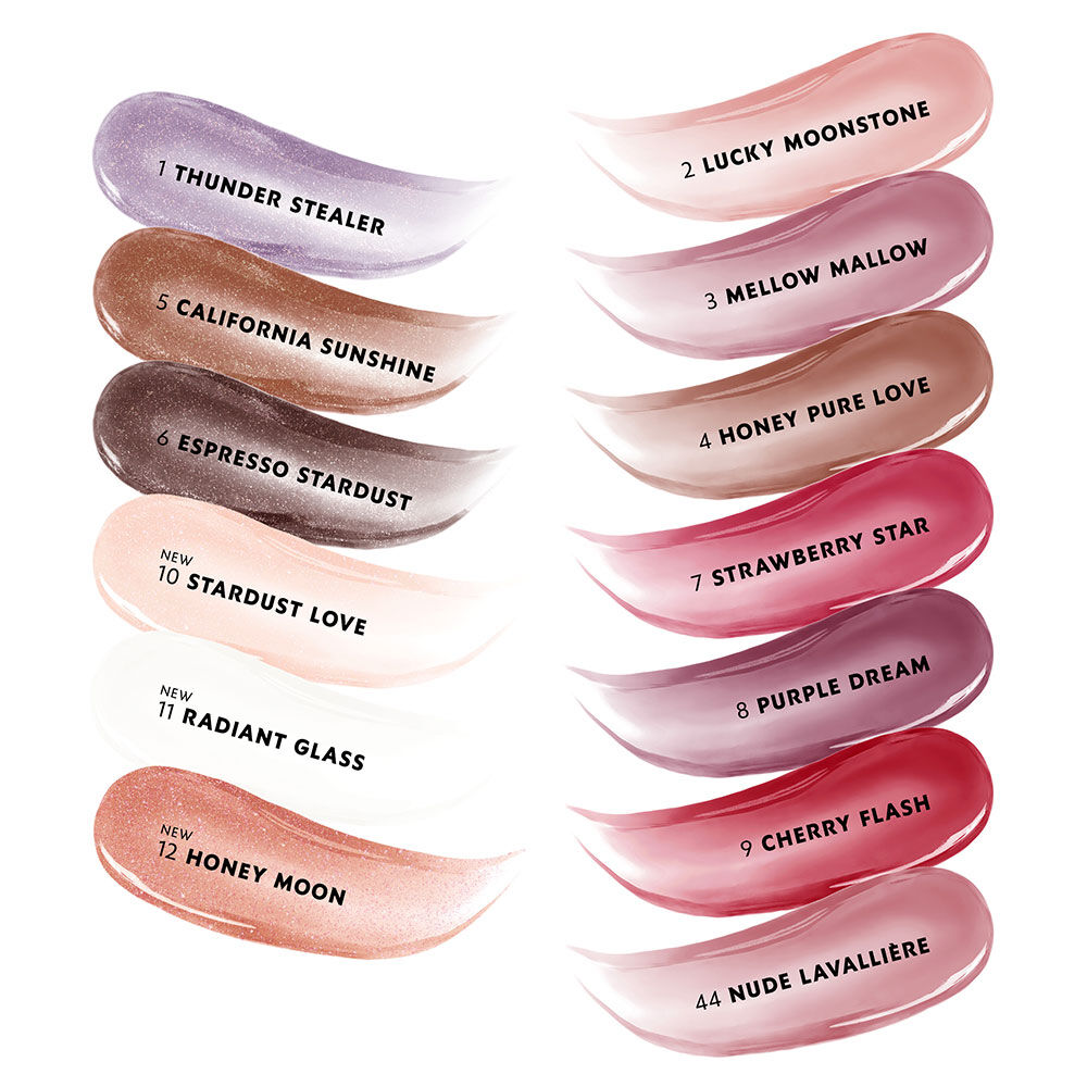 YSL LOVESHINE Plumping Lip Oil Gloss, 15 swatches showcasing diverse shades and shimmering textures.