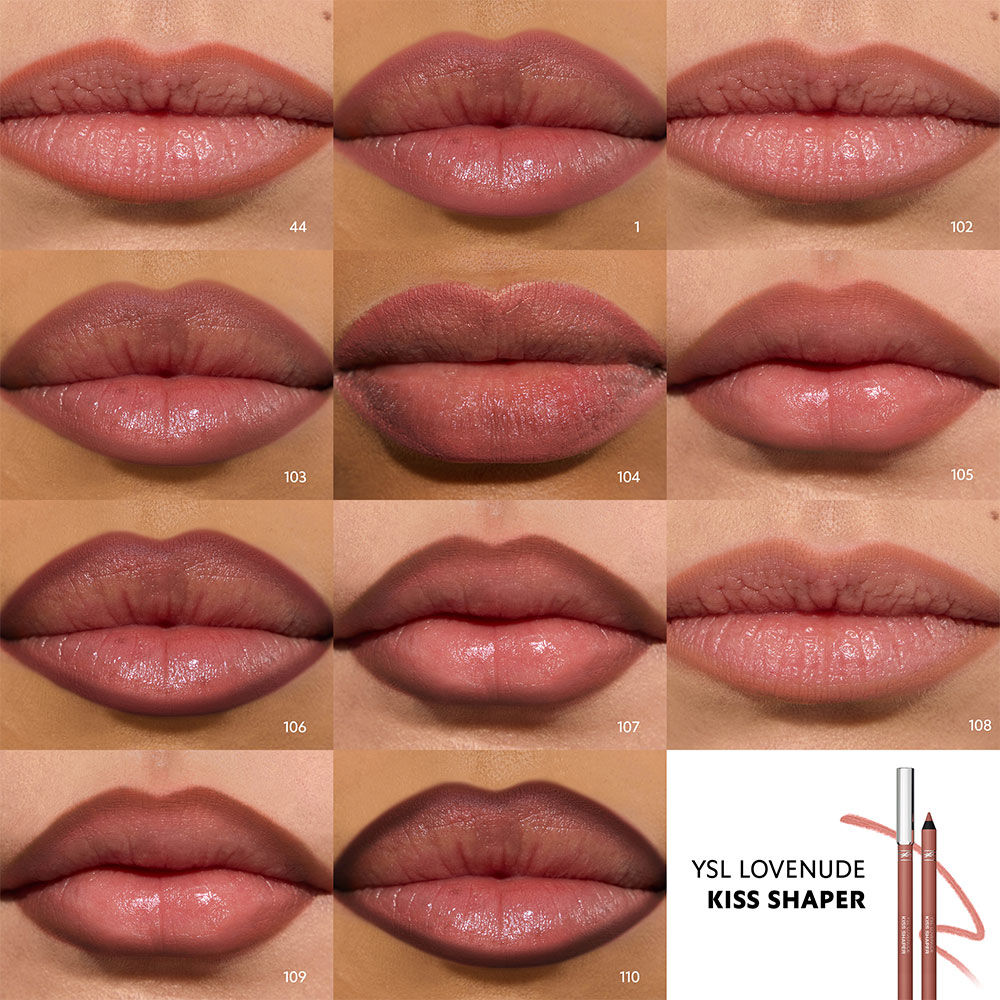 Lip comparison grid showing multiple nude shades of YSL LOVENUDE KISS SHAPER.