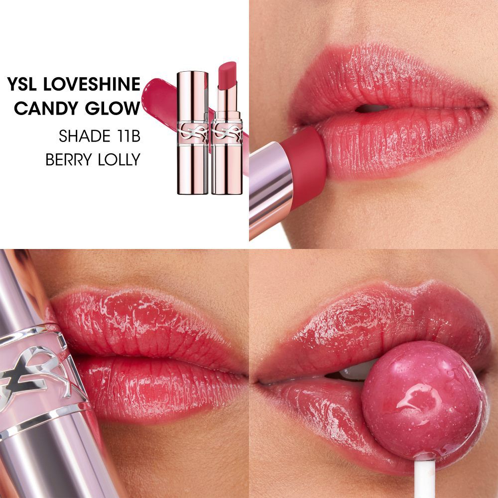 Close-up lips wearing YSL LOVESHINE CANDY GLOW lip balm shade 11B Berry Lolly with a glossy finish.