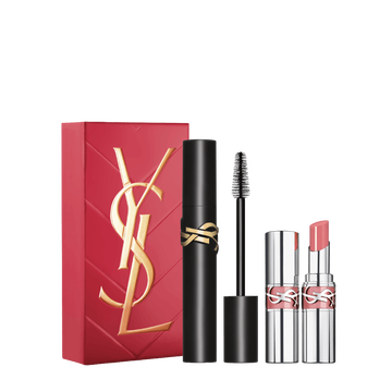 YSL Lash Clash and Loveshine Duo Spring Set with gift box, Lash Clash mascara and Loveshine lipstick shade 44 on a white background.