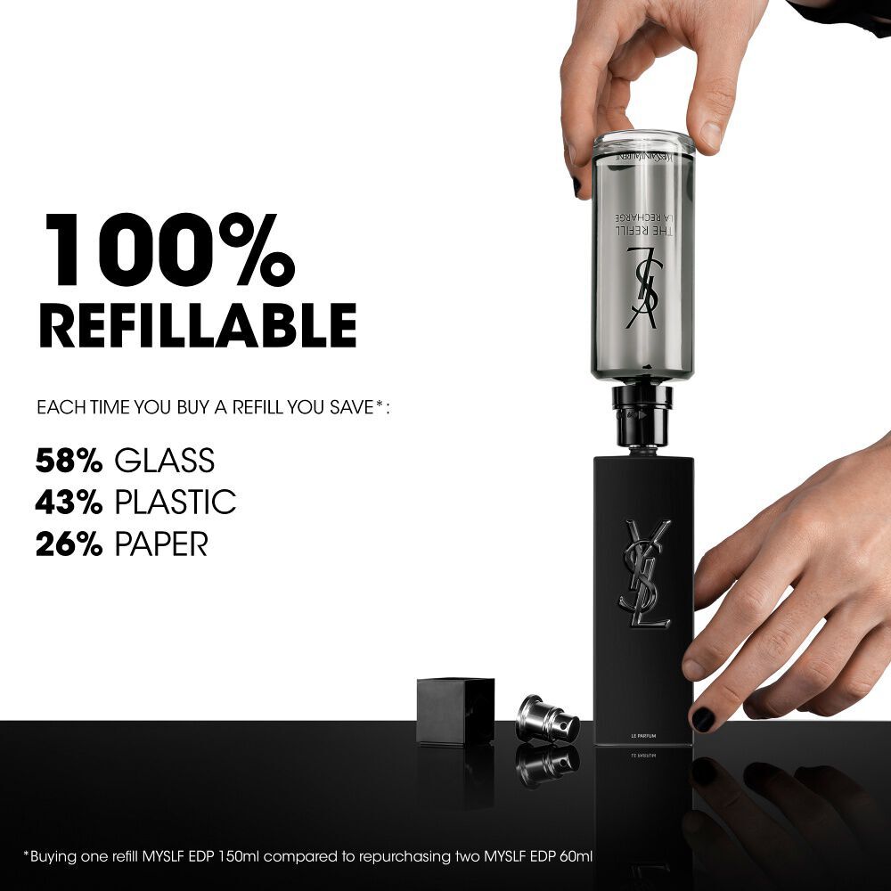A close-up of a hand refilling an empty, standard matte black MYSLF bottle using a large, transparent glass refill bottle, highlighting the 100% refillable feature.