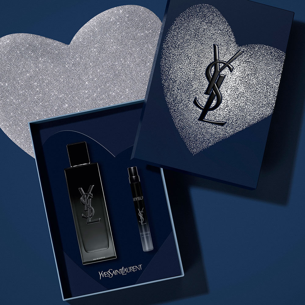 YSL MYSLF EDP gift set: 100ml & 10ml, in a dark blue box with sparkling silver hearts. Valentine's Day edition.