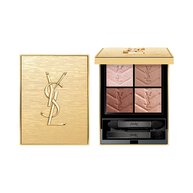 Couture Mini Clutch Collector palette shade 25 with textured gold case and embossed YSL logo, shown open and closed.